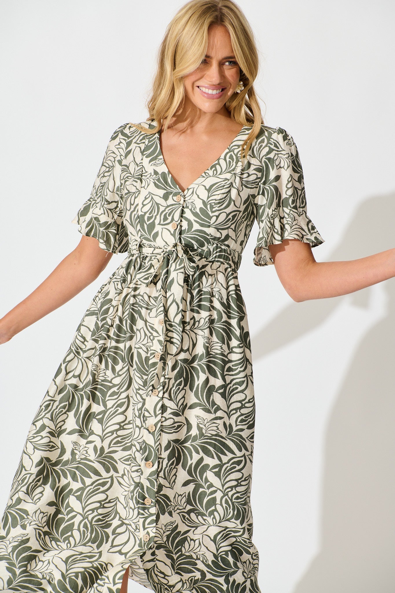Paloma Midi Dress in Cream and Khaki Leaf Print