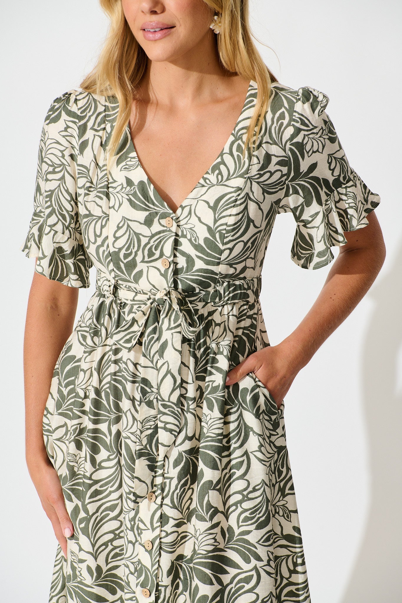 Paloma Midi Dress in Cream and Khaki Leaf Print