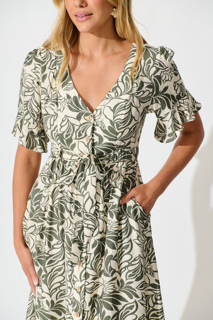 Paloma Midi Dress in Cream and Khaki Leaf Print