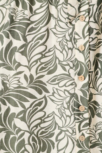 Paloma Midi Dress in Cream and Khaki Leaf Print