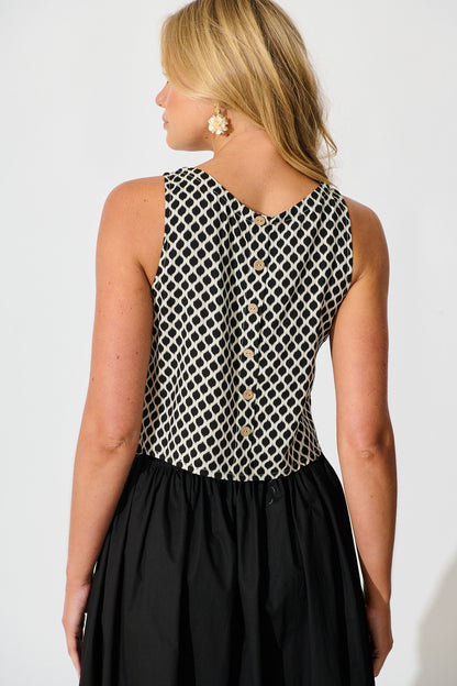 Leona Top in Black and Cream Geometric Print