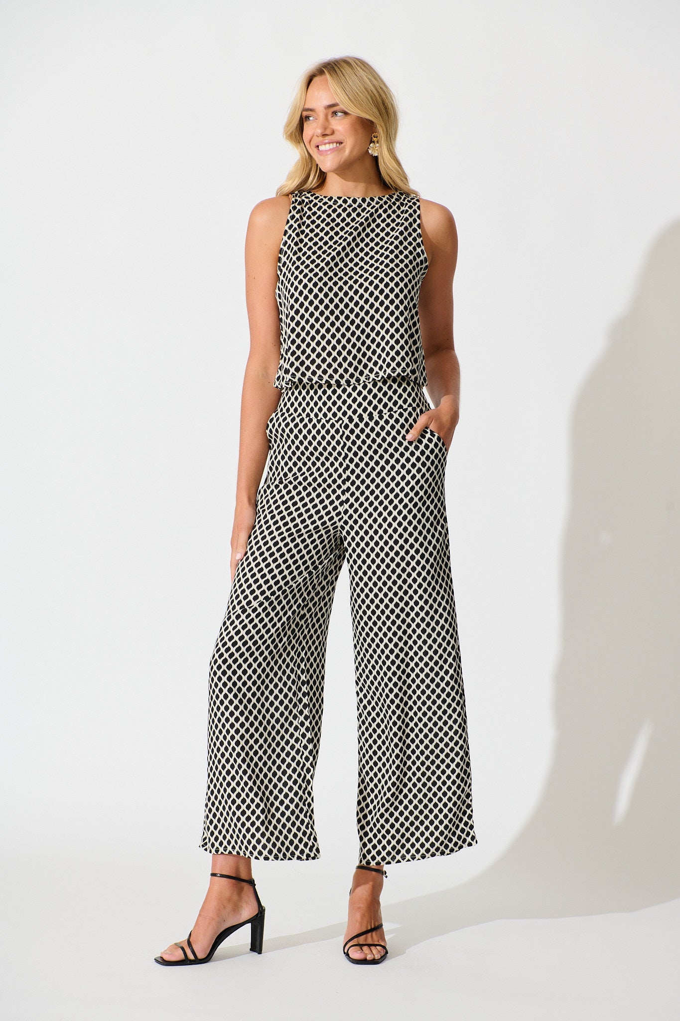 Leona Top in Black and Cream Geometric Print