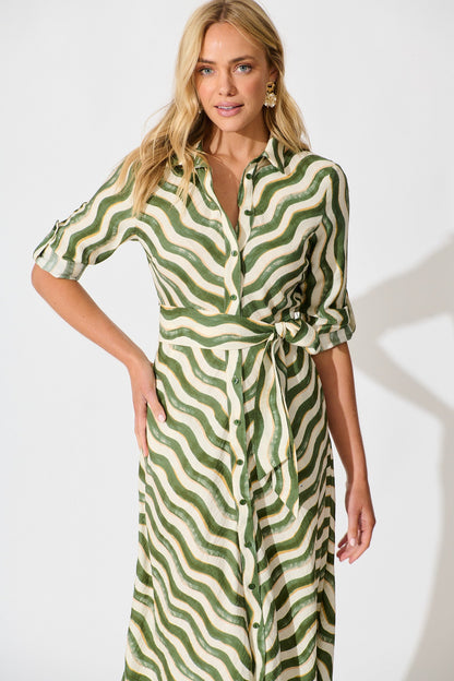 Tia Maxi Shirt Dress in Khaki Swirl Print