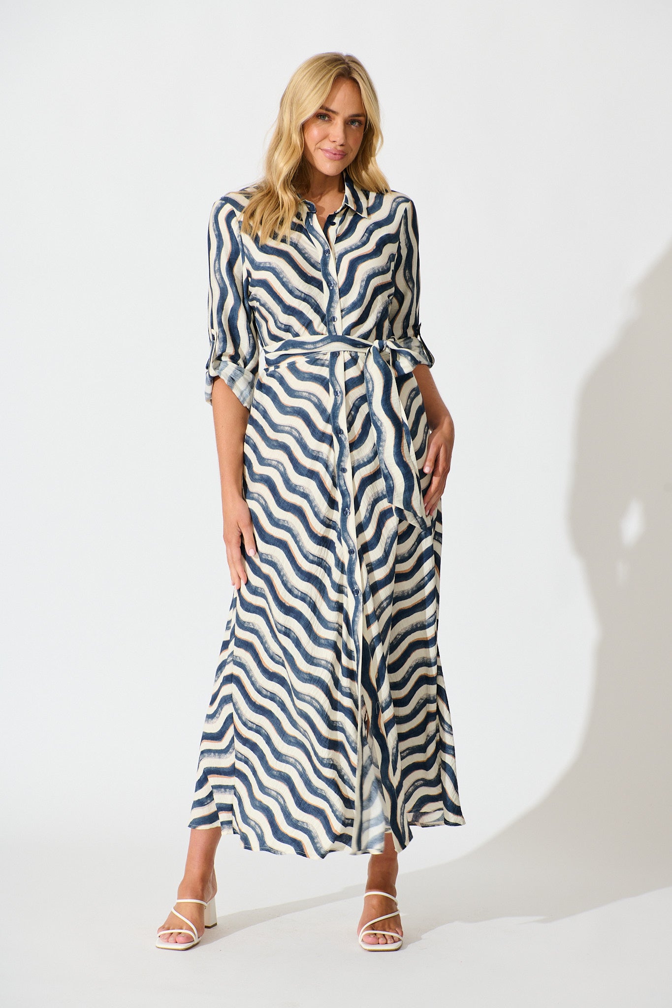 Tia Maxi Shirt Dress in Navy Swirl Print