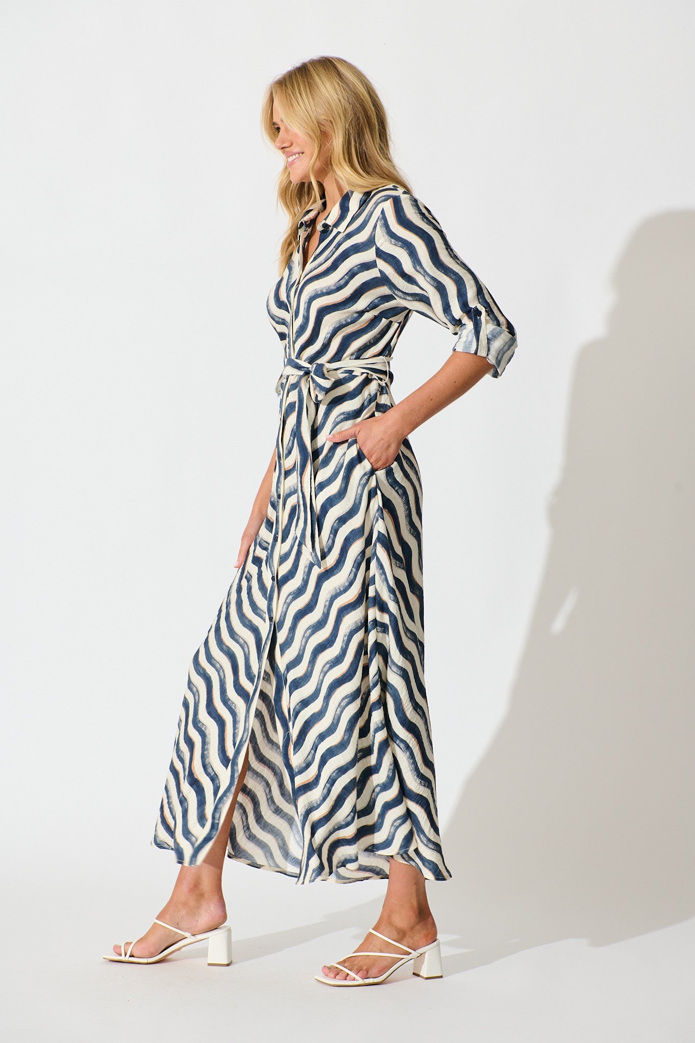 Tia Maxi Shirt Dress in Navy Swirl Print