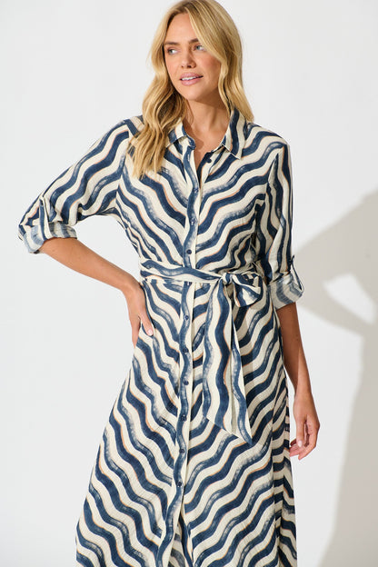 Tia Maxi Shirt Dress in Navy Swirl Print