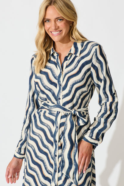 Tia Maxi Shirt Dress in Navy Swirl Print
