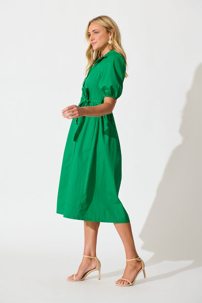Adrienne Midi Shirt Dress in Green Cotton
