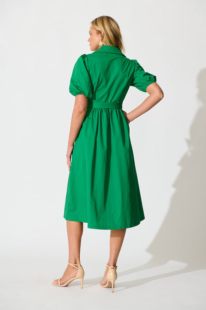 Adrienne Midi Shirt Dress in Green Cotton