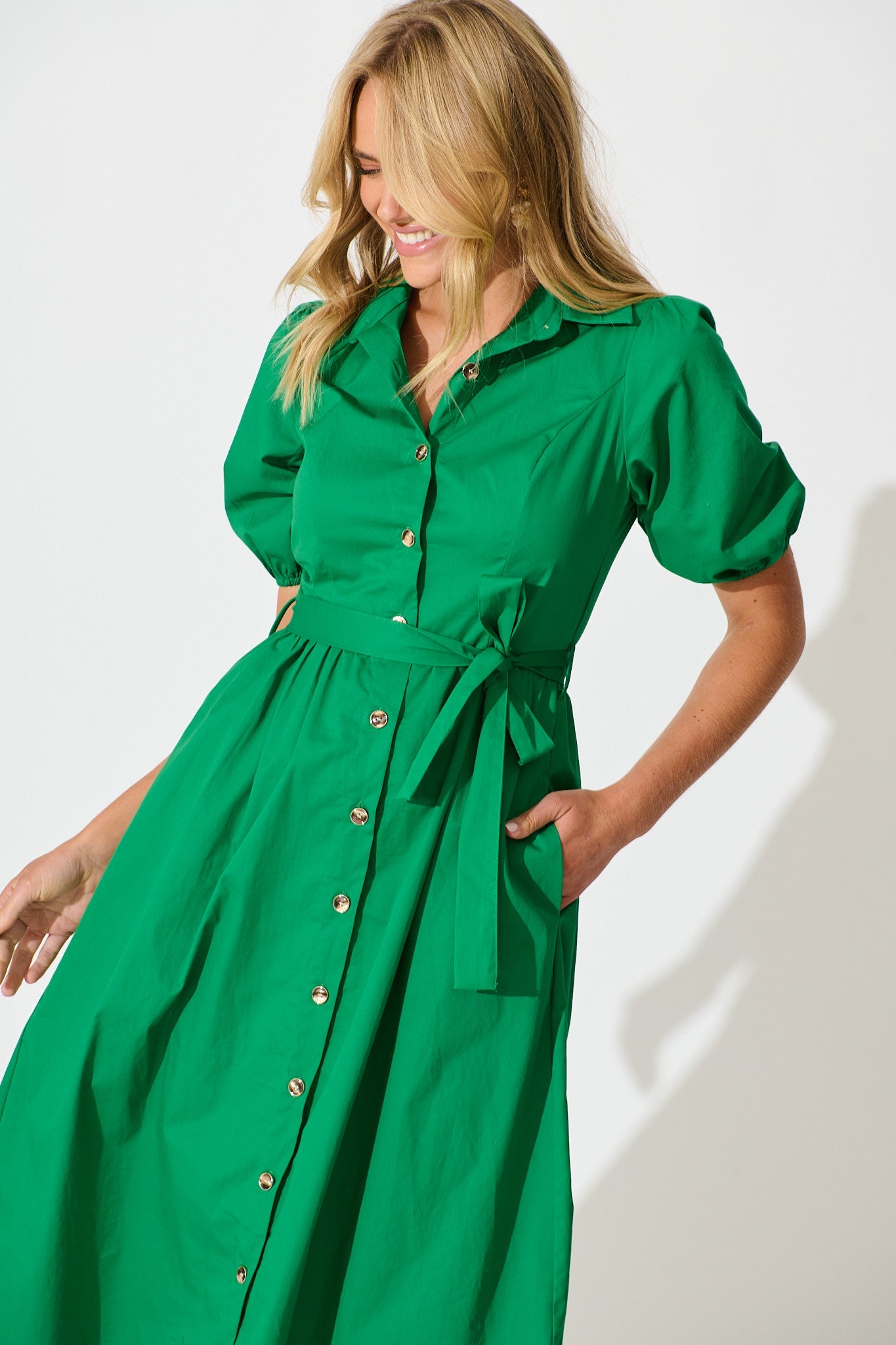 Adrienne Midi Shirt Dress in Green Cotton