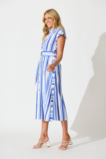 Olvera Midi Shirt Dress in Blue Stripe Cotton