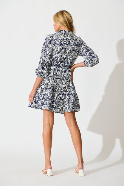 Serene Dress in Navy and White Print Cotton