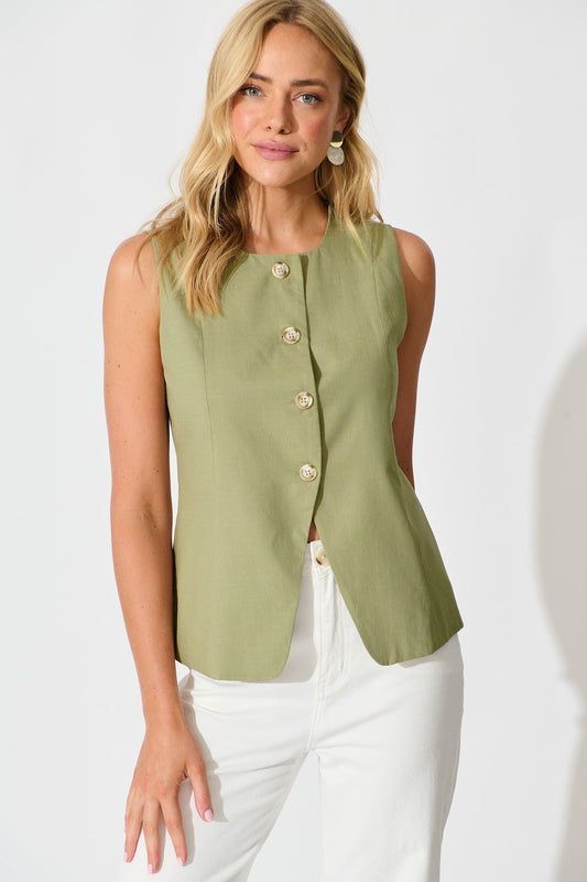 Elira Vest In Khaki Linen Blend