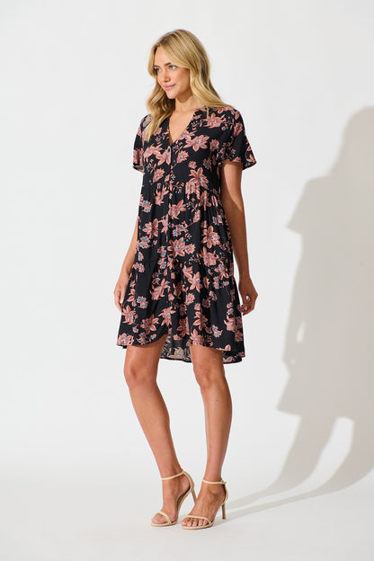 Adeline Shirt Dress in Black with Brown Floral Print