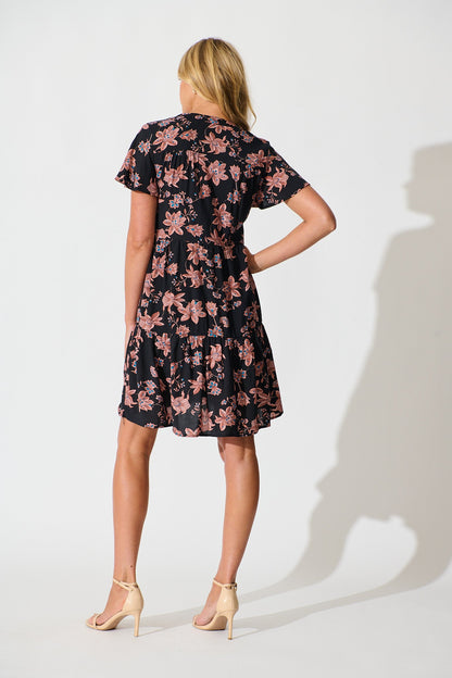 Adeline Shirt Dress in Black with Brown Floral Print