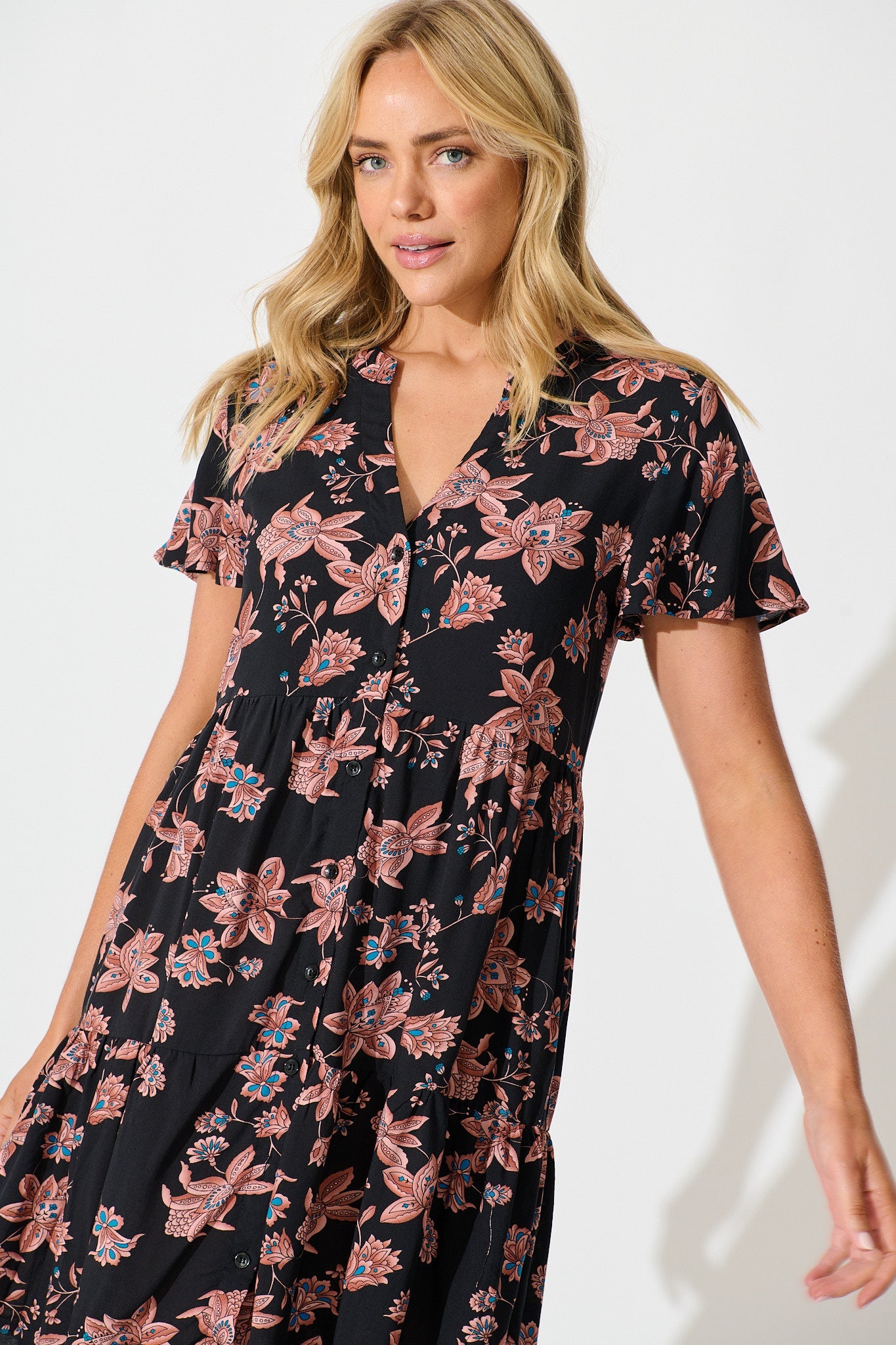 Adeline Shirt Dress in Black with Brown Floral Print