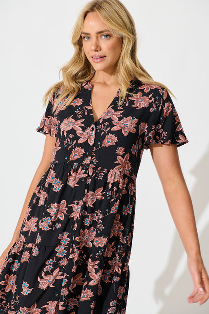 Adeline Shirt Dress in Black with Brown Floral Print