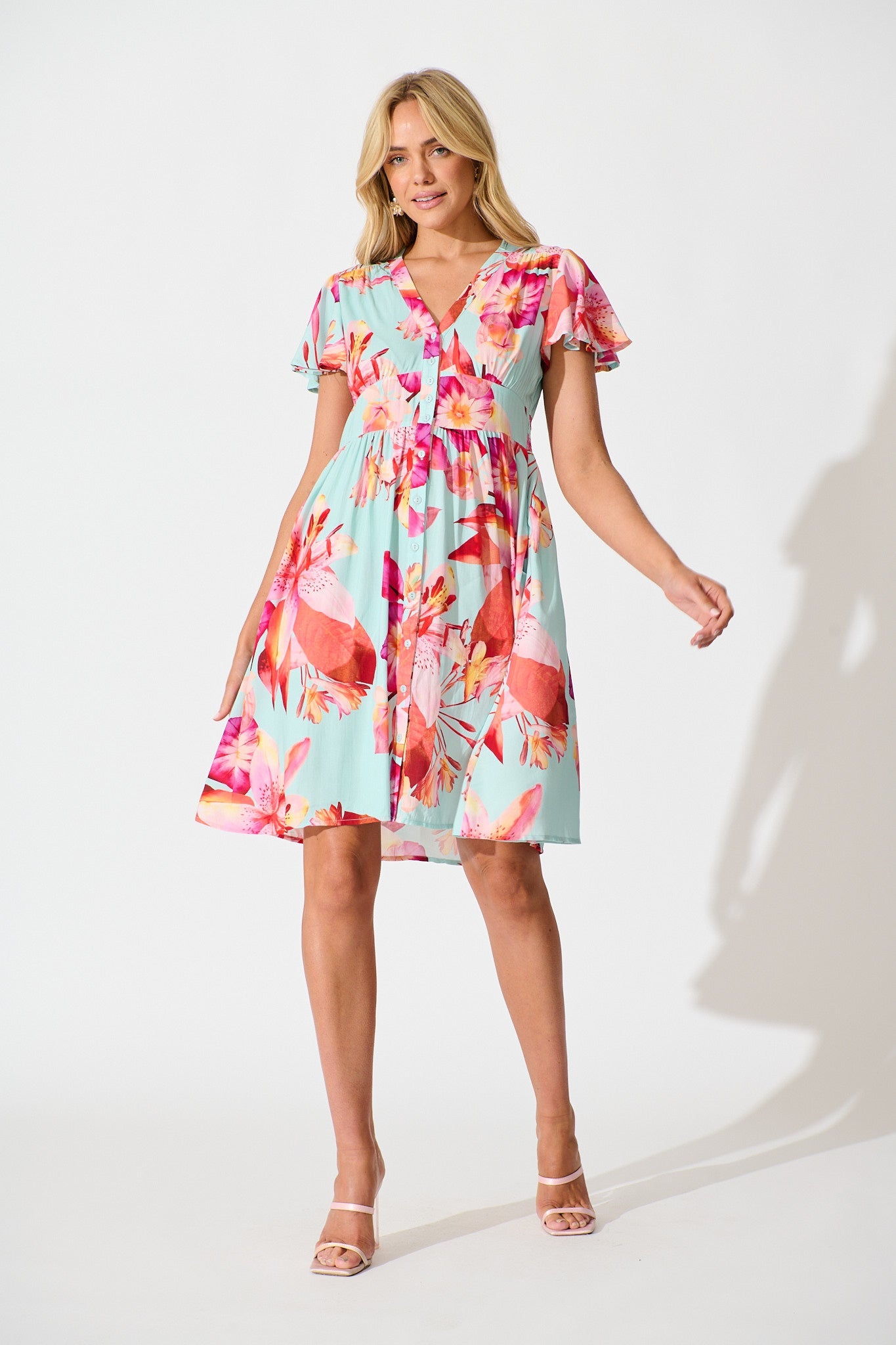Bianca Dress in Blue with Pink Floral