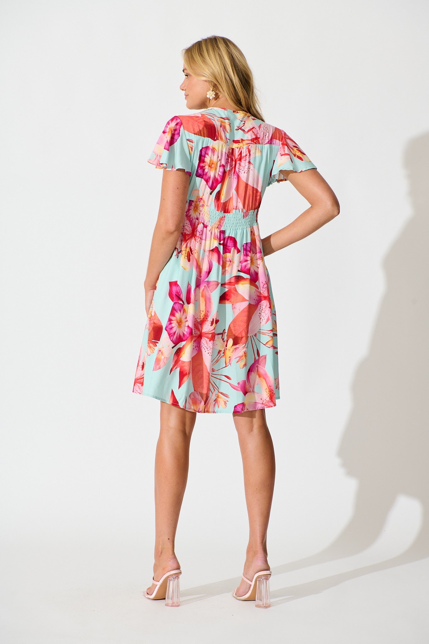 Bianca Dress in Blue with Pink Floral