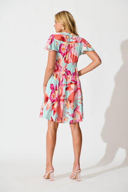 Bianca Dress in Blue with Pink Floral