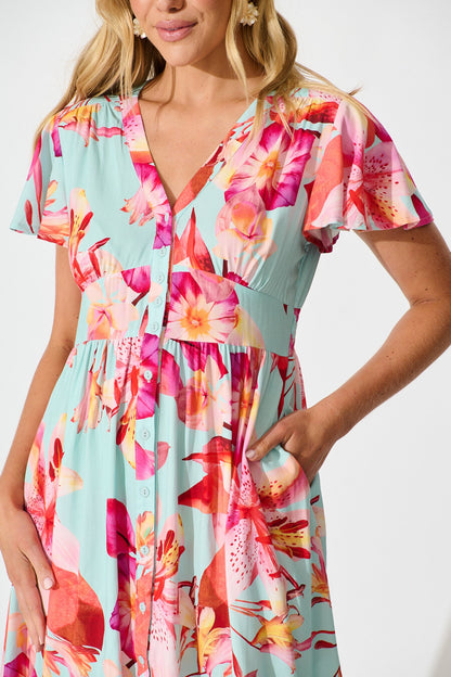 Bianca Dress in Blue with Pink Floral