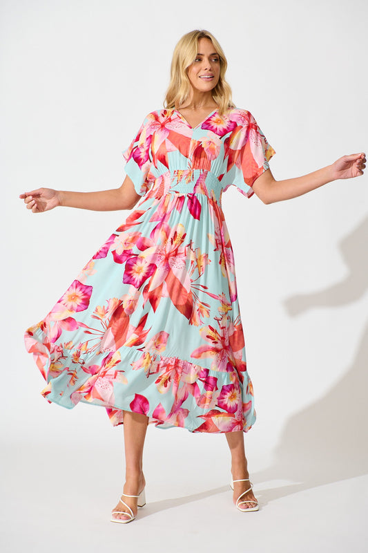 Nola Midi Dress in Blue with Pink Floral