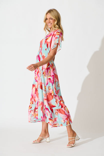 Nola Midi Dress in Blue with Pink Floral