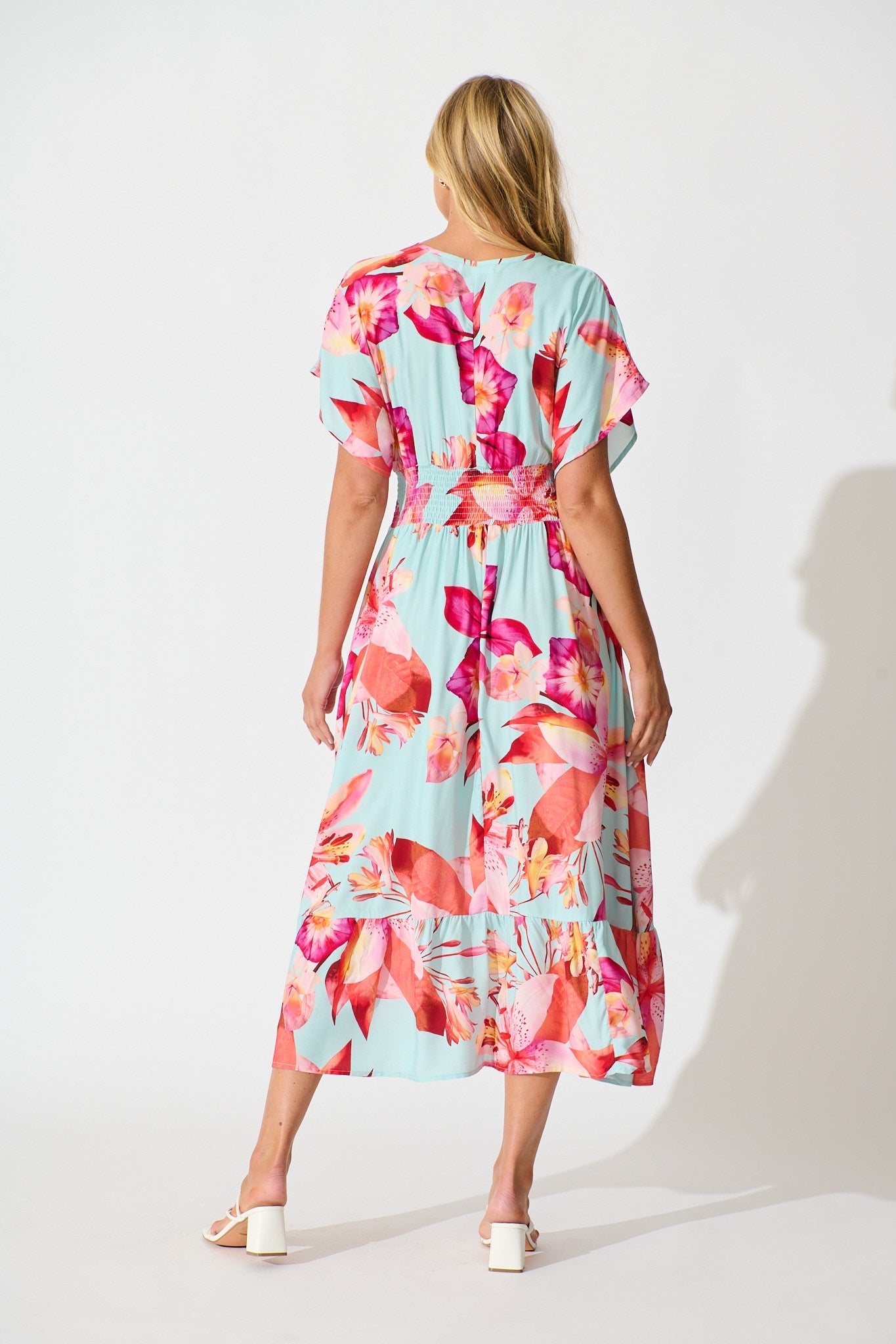 Nola Midi Dress in Blue with Pink Floral