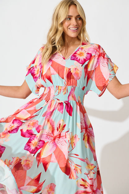 Nola Midi Dress in Blue with Pink Floral
