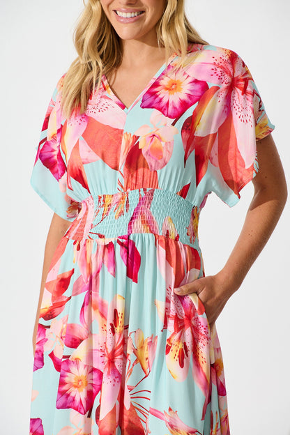 Nola Midi Dress in Blue with Pink Floral