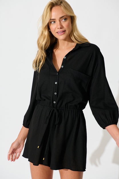 Powers Playsuit In Black Linen Blend