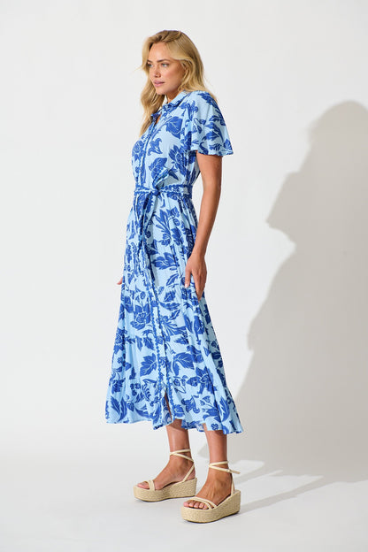 Roselle Maxi Shirt Dress in Blue Leaf Print