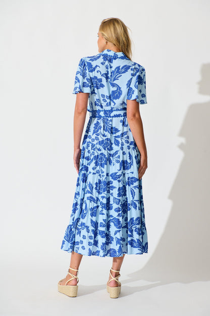 Roselle Maxi Shirt Dress in Blue Leaf Print