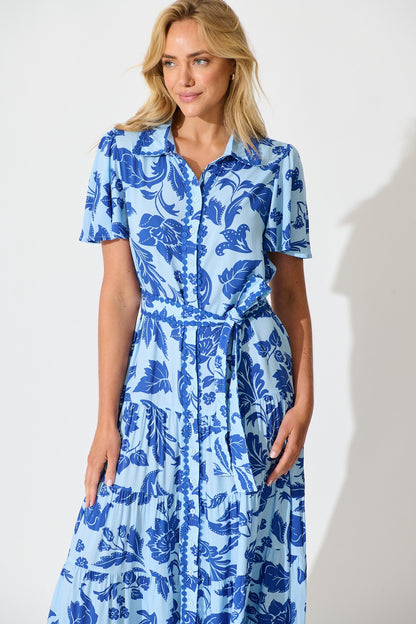 Roselle Maxi Shirt Dress in Blue Leaf Print