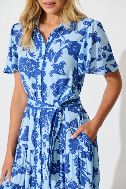 Roselle Maxi Shirt Dress in Blue Leaf Print