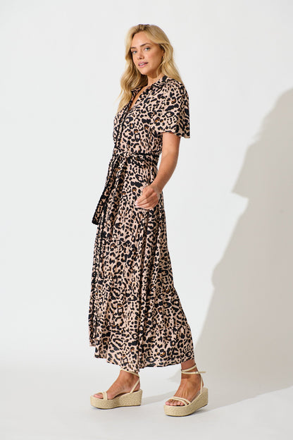 Roselle Maxi Shirt Dress in Brown Leopard Print