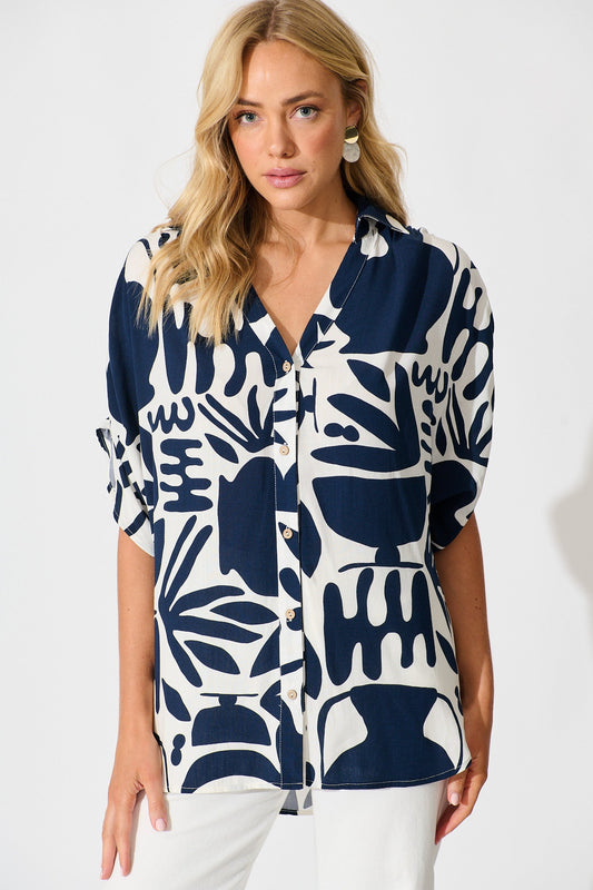 Celia Shirt in Navy and White Print