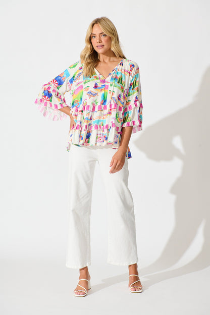 Rina Top in White With Bright Resort Print