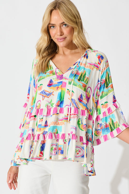 Rina Top in White With Bright Resort Print