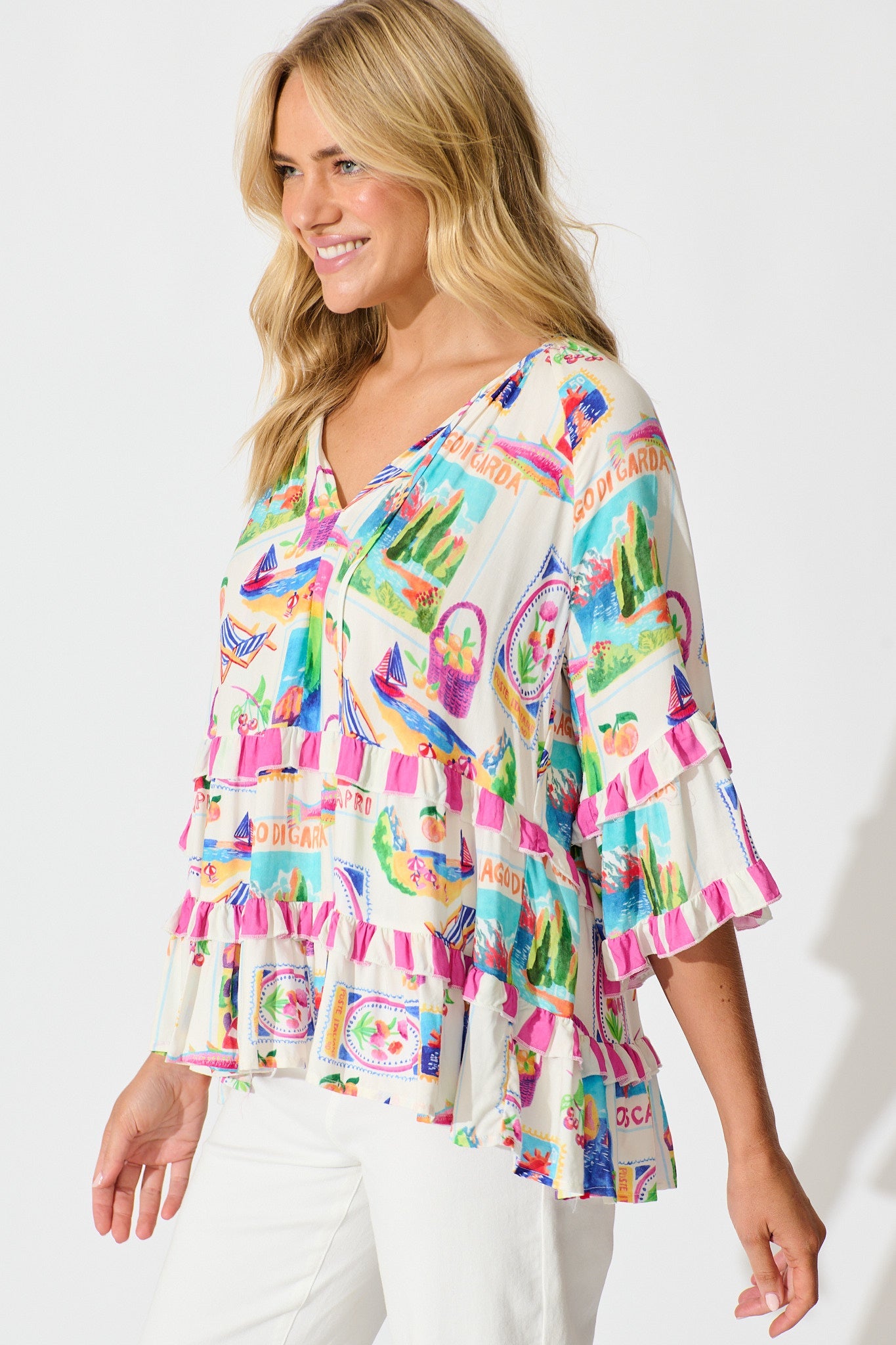 Rina Top in White With Bright Resort Print