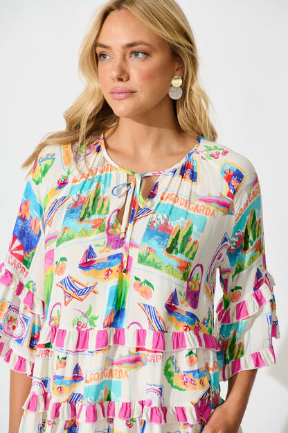Rina Top in White With Bright Resort Print
