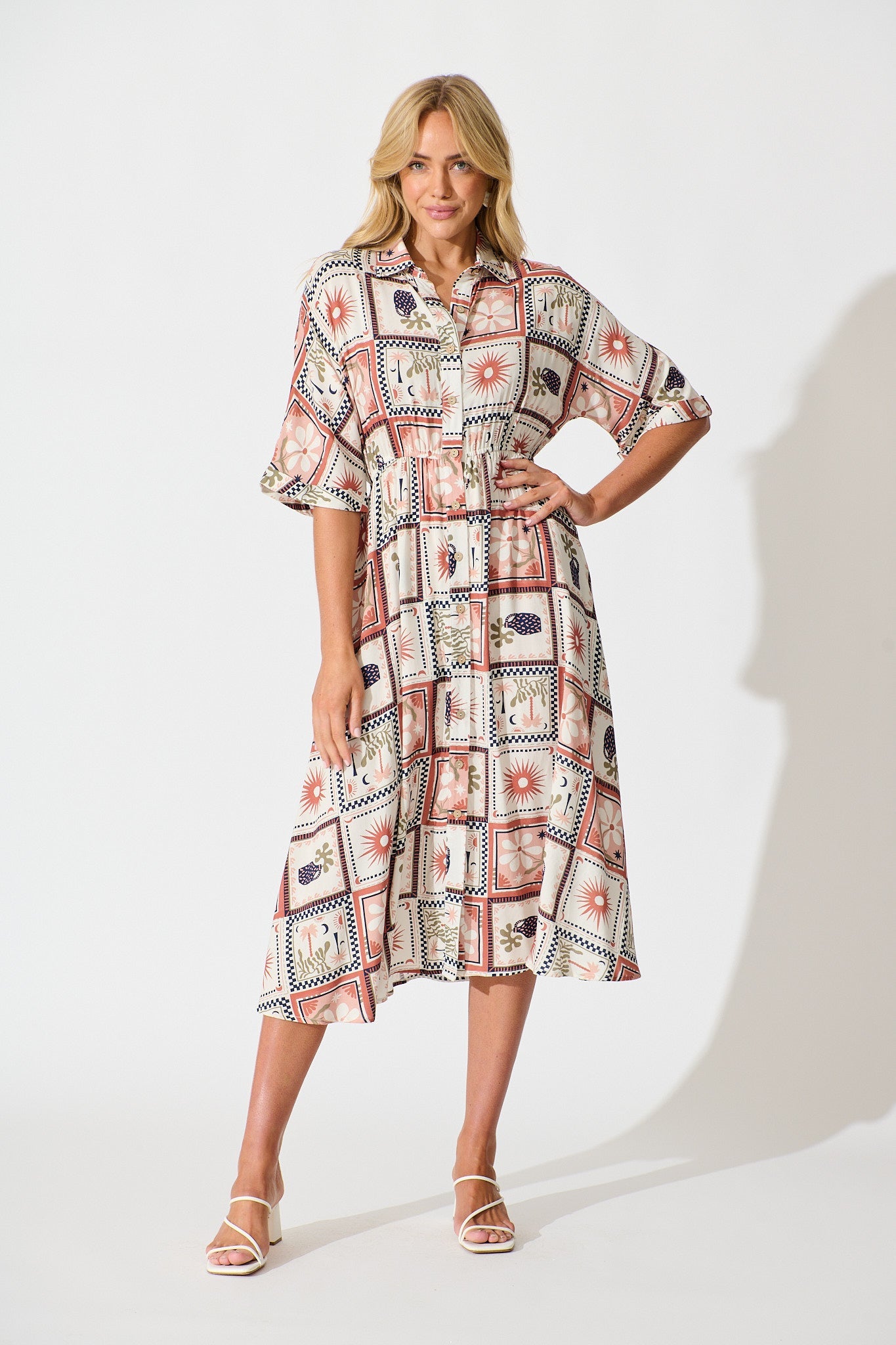 Charlotte Midi Shirt Dress In Cream With Rust Multi Patchwork Print