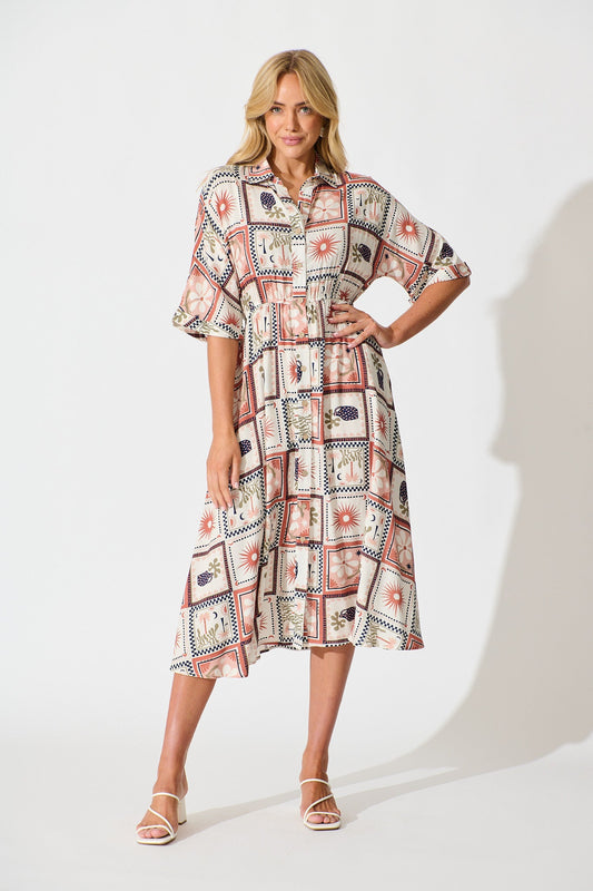 Charlotte Midi Shirt Dress In Cream With Rust Multi Patchwork Print