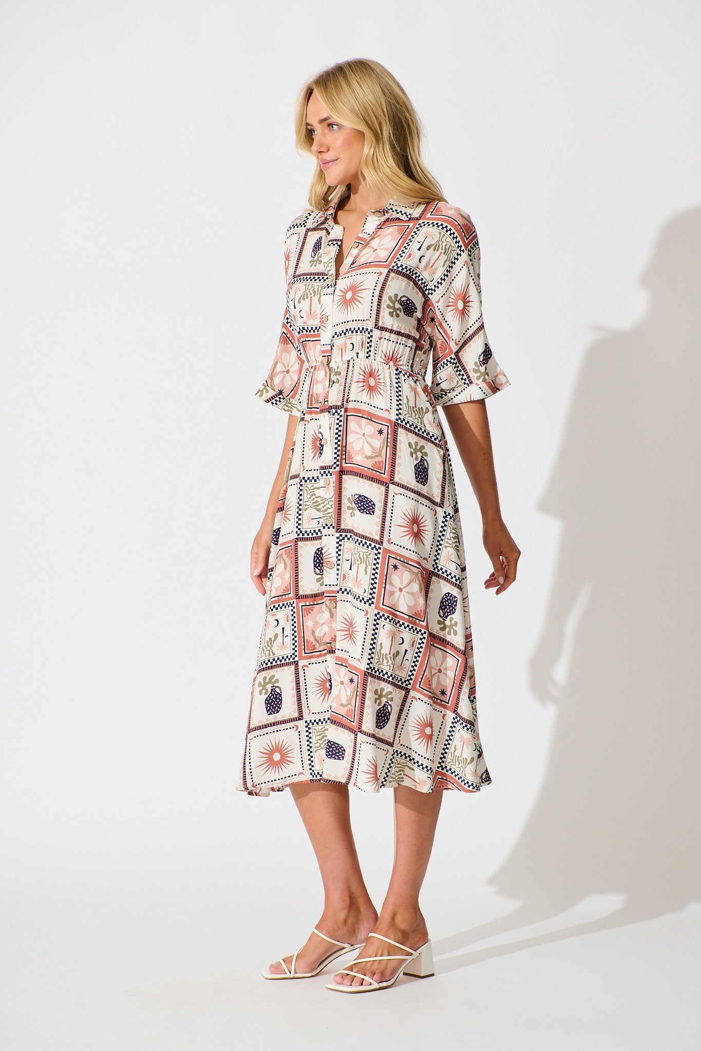 Charlotte Midi Shirt Dress In Cream With Rust Multi Patchwork Print