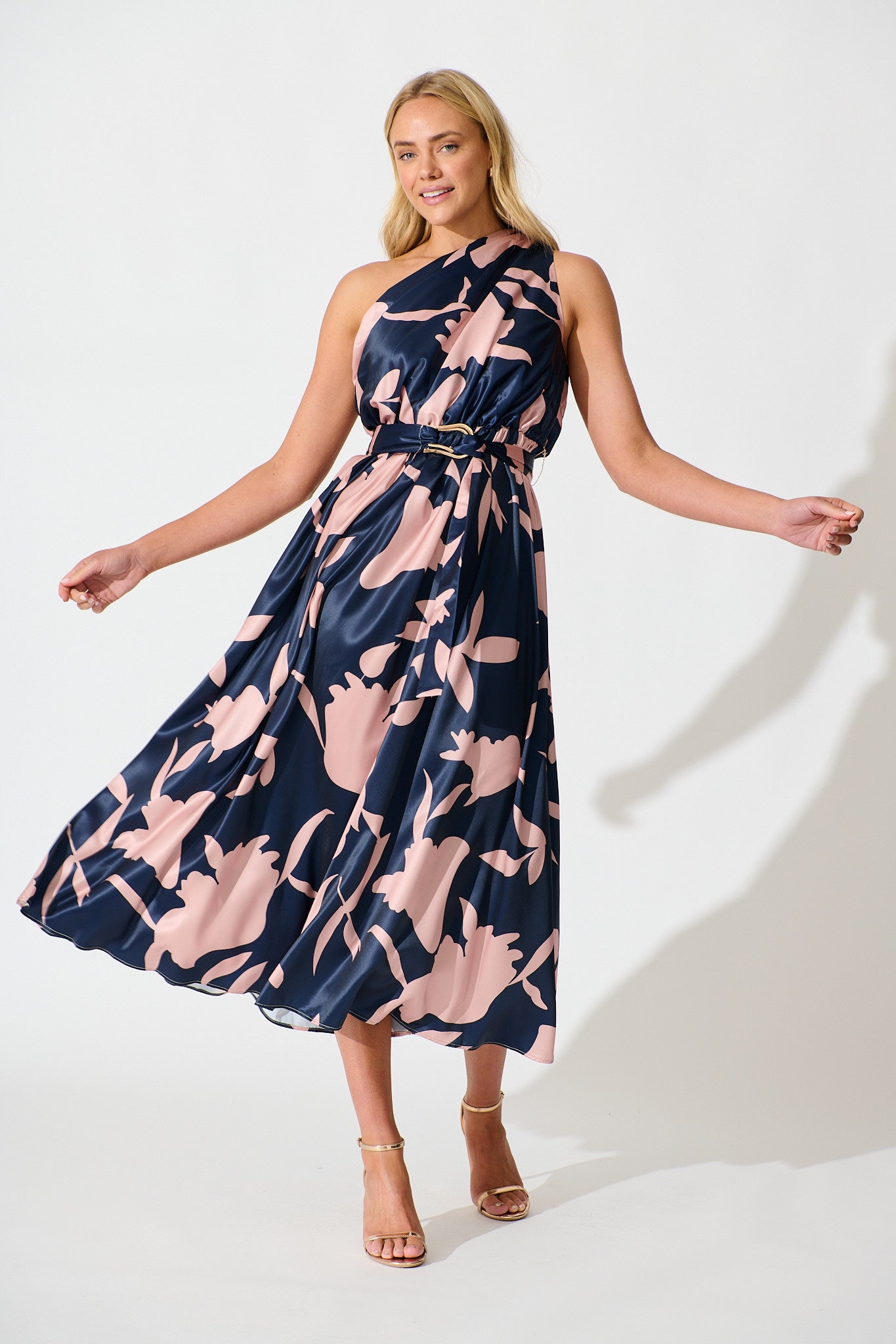 PRE ORDER Bernadette One Shoulder Midi Dress in Navy with Mocha Satin