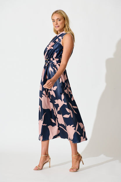 PRE ORDER Bernadette One Shoulder Midi Dress in Navy with Mocha Satin
