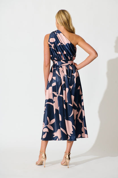 PRE ORDER Bernadette One Shoulder Midi Dress in Navy with Mocha Satin
