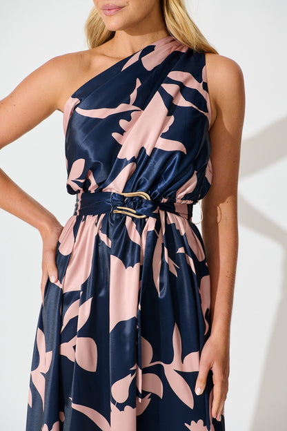 PRE ORDER Bernadette One Shoulder Midi Dress in Navy with Mocha Satin