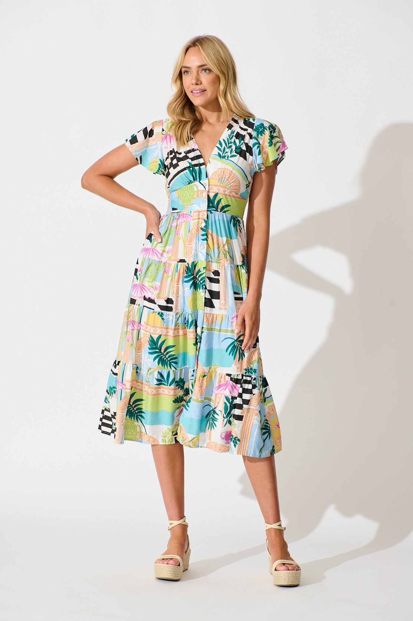 Lively Midi Dress in White Multi Print