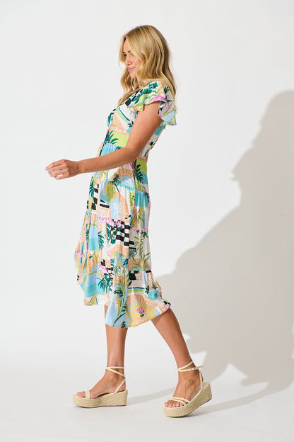 Lively Midi Dress in White Multi Print